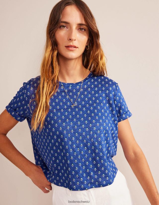 Boden Frauen Bedrucktes Leinen-T-Shirt VH86PT1131 Kleidung Blaues Wellen- und Tulpenrouge