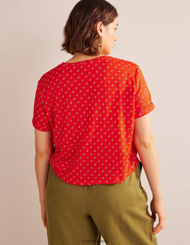 Boden Frauen Bedrucktes Leinen-T-Shirt VH86PT1265 Kleidung Blutorange und Tulpenrouge
