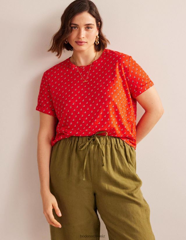 Boden Frauen Bedrucktes Leinen-T-Shirt VH86PT1265 Kleidung Blutorange und Tulpenrouge