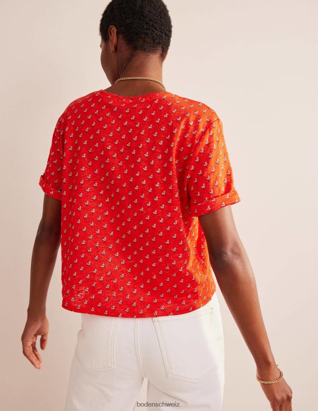 Boden Frauen Bedrucktes Leinen-T-Shirt VH86PT1265 Kleidung Blutorange und Tulpenrouge