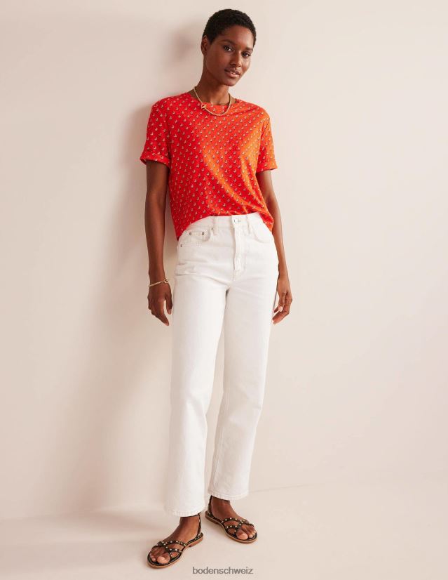 Boden Frauen Bedrucktes Leinen-T-Shirt VH86PT1265 Kleidung Blutorange und Tulpenrouge