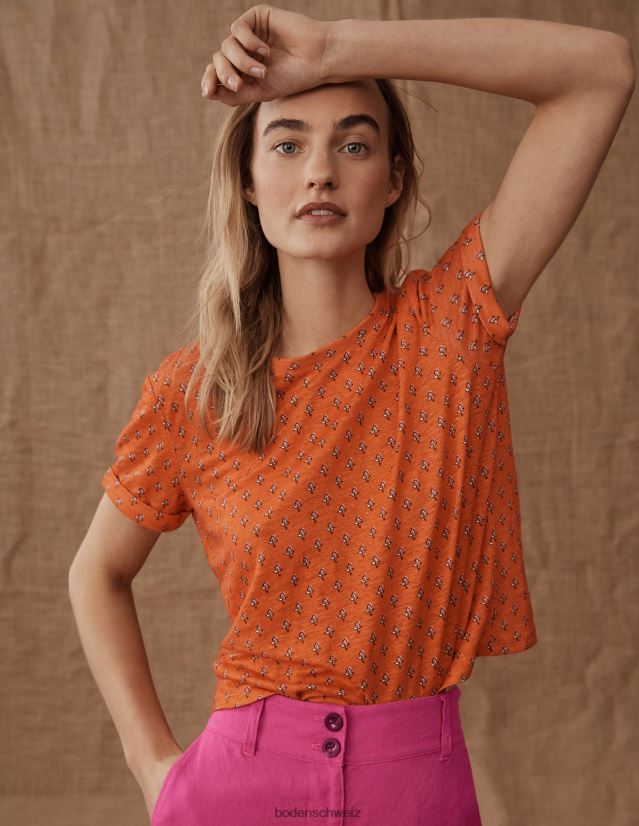 Boden Frauen Bedrucktes Leinen-T-Shirt VH86PT1265 Kleidung Blutorange und Tulpenrouge