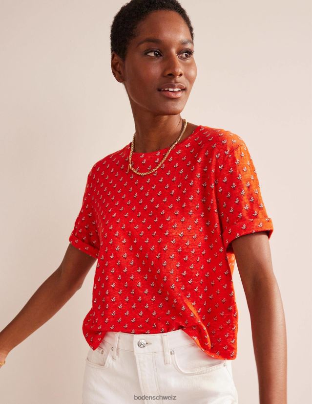 Boden Frauen Bedrucktes Leinen-T-Shirt VH86PT1265 Kleidung Blutorange und Tulpenrouge