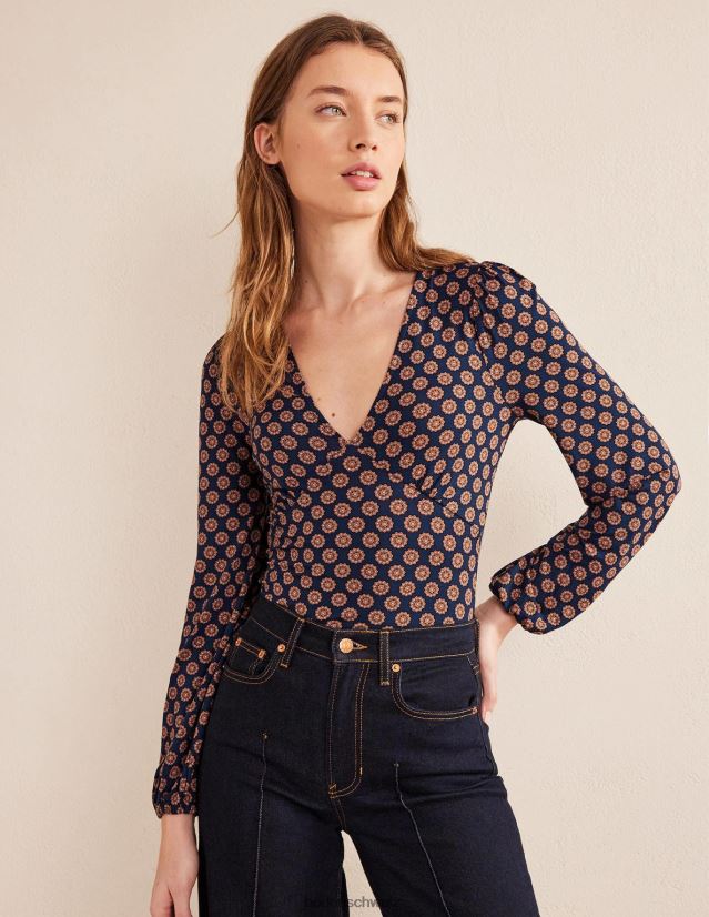 Boden Frauen Bedrucktes Oberteil mit V-Ausschnitt VH86PT1709 Kleidung französische Marine und Sonnenblume