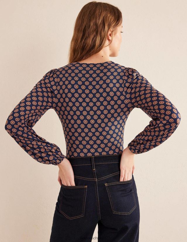 Boden Frauen Bedrucktes Oberteil mit V-Ausschnitt VH86PT1709 Kleidung französische Marine und Sonnenblume