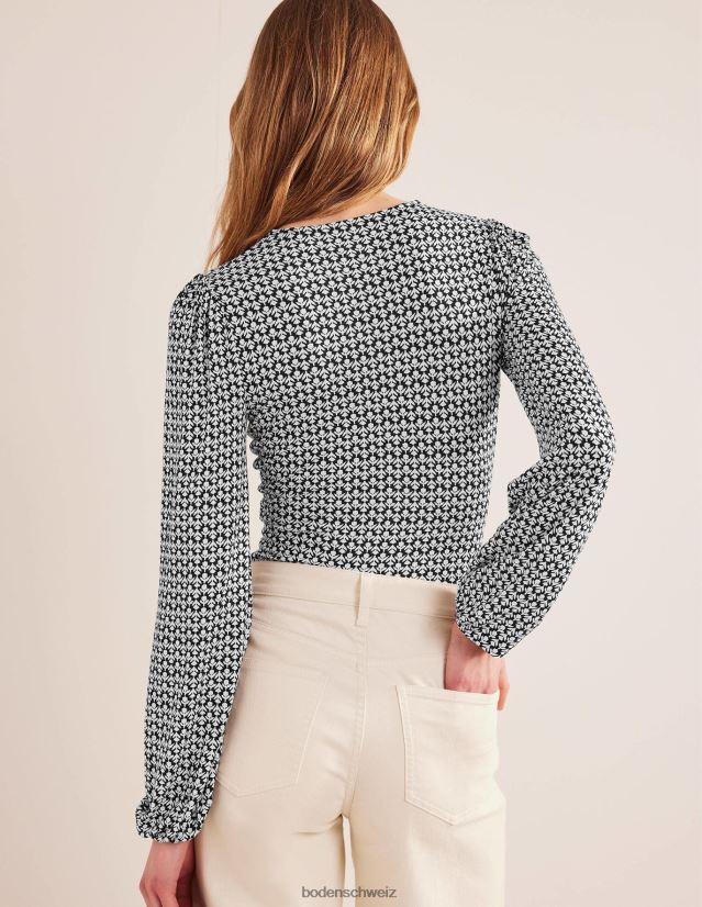 Boden Frauen Bedrucktes Oberteil mit V-Ausschnitt VH86PT1850 Kleidung Schwarz und Tulpenknospe