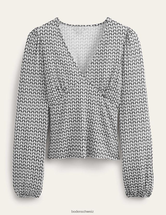 Boden Frauen Bedrucktes Oberteil mit V-Ausschnitt VH86PT1850 Kleidung Schwarz und Tulpenknospe