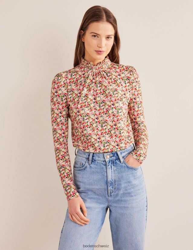 Boden Frauen Bedrucktes Oberteil mit gesmoktem Ausschnitt VH86PT1561 Kleidung mehrfarbig und blumig