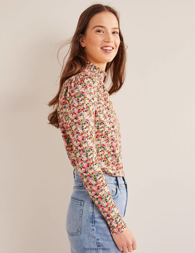 Boden Frauen Bedrucktes Oberteil mit gesmoktem Ausschnitt VH86PT1561 Kleidung mehrfarbig und blumig