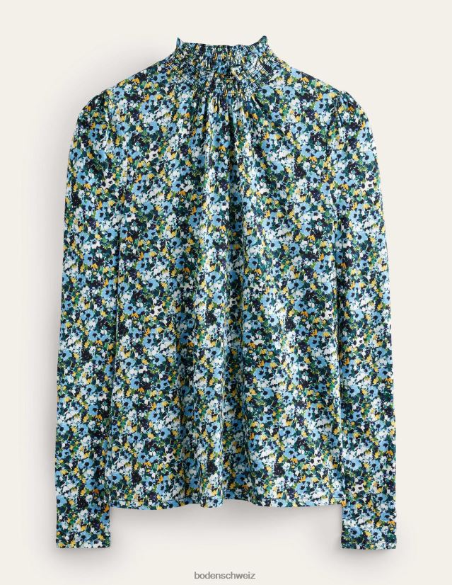 Boden Frauen Bedrucktes Oberteil mit gesmoktem Ausschnitt VH86PT2523 Kleidung Marineblau und Blumenmuster