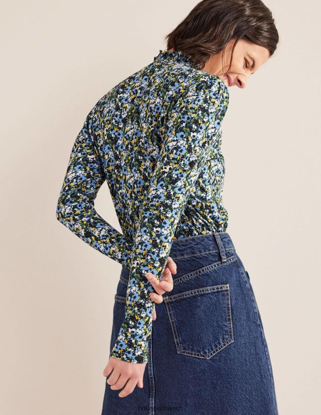Boden Frauen Bedrucktes Oberteil mit gesmoktem Ausschnitt VH86PT2523 Kleidung Marineblau und Blumenmuster