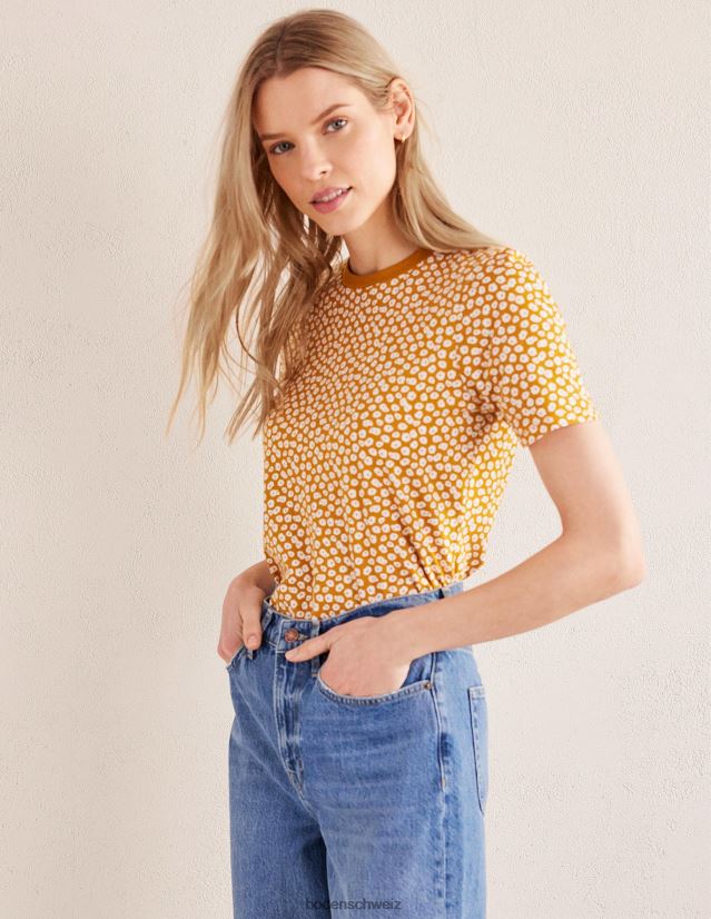 Boden Frauen Bedrucktes T-Shirt mit Rundhalsausschnitt VH86PT1964 Kleidung Erntegold- und Pfingstrosenstempel