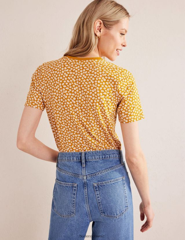 Boden Frauen Bedrucktes T-Shirt mit Rundhalsausschnitt VH86PT1964 Kleidung Erntegold- und Pfingstrosenstempel