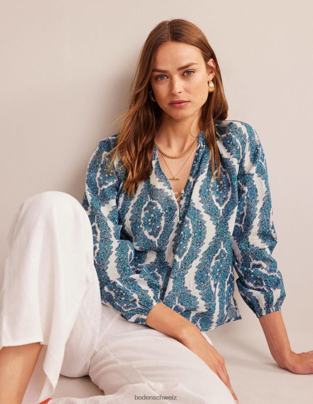 Boden Frauen Bedrucktes, glitzerndes Oberteil mit eingekerbtem Ausschnitt VH86PT112 Kleidung blauer & botanischer Kranz