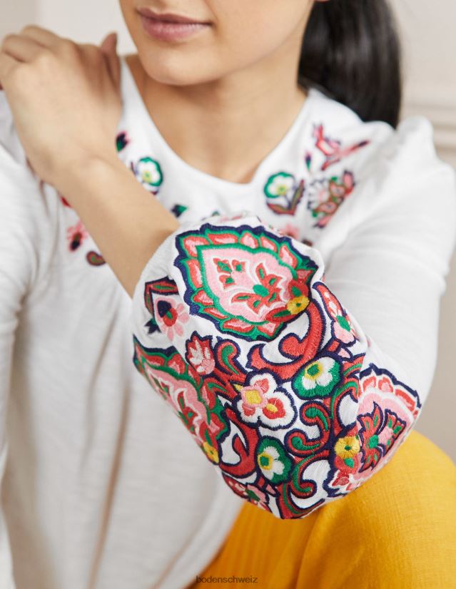 Boden Frauen Besticktes Blouson-Jersey-Oberteil VH86PT2050 Kleidung Weiß