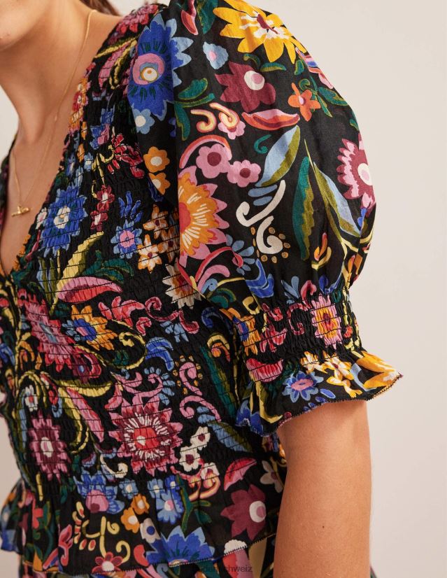 Boden Frauen Crop-Top mit gesmoktem Oberteil VH86PT1704 Kleidung Schwarz- und Gardenien-Pop