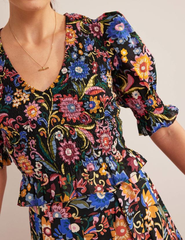 Boden Frauen Crop-Top mit gesmoktem Oberteil VH86PT1704 Kleidung Schwarz- und Gardenien-Pop