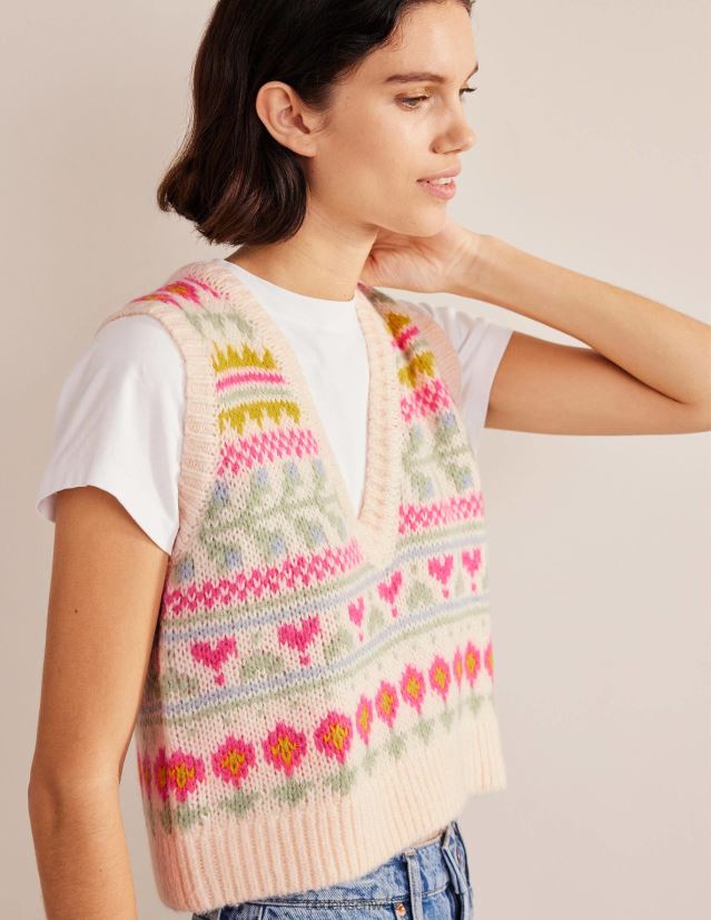Boden Frauen Flauschiges, kurz geschnittenes Fair-Isle-Tanktop VH86PT2029 Kleidung Elfenbein und mehrfarbig