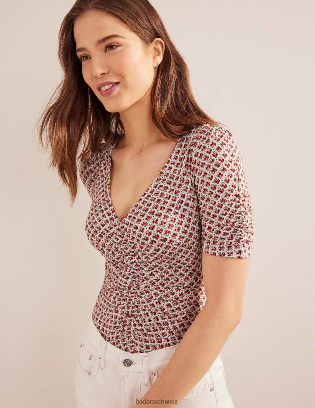 Boden Frauen Gerafftes, bedrucktes Oberteil vorne VH86PT1572 Kleidung Zinnoberrot und Blütenknospe