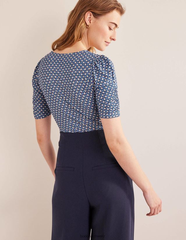 Boden Frauen Gerafftes, bedrucktes Oberteil vorne VH86PT1600 Kleidung Porzellanblau und Blütenknospe