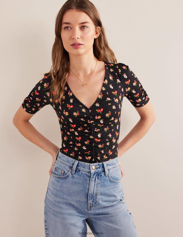 Boden Frauen Gerafftes, bedrucktes Oberteil vorne VH86PT1662 Kleidung schwarzer & zierlicher Zweig