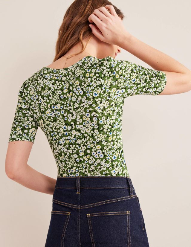 Boden Frauen Gerafftes, bedrucktes Oberteil vorne VH86PT1976 Kleidung Park Ranger & Herzblüte