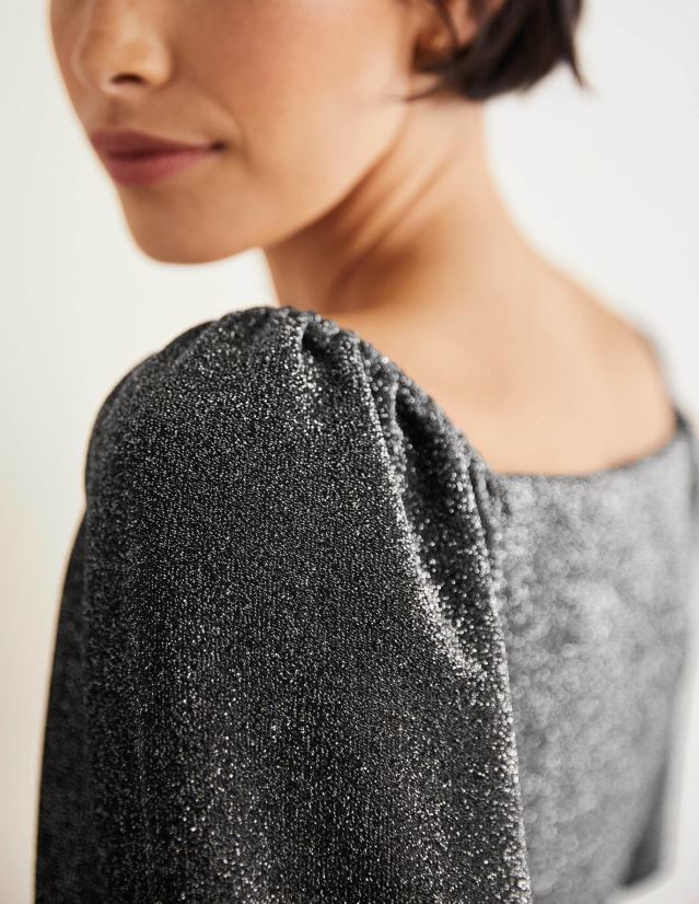 Boden Frauen Gerafftes, glitzerndes Jersey-Oberteil VH86PT2032 Kleidung silberner Glanz