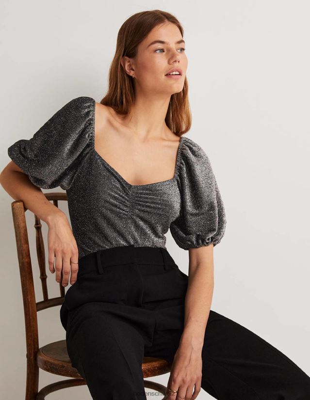 Boden Frauen Gerafftes, glitzerndes Jersey-Oberteil VH86PT2032 Kleidung silberner Glanz