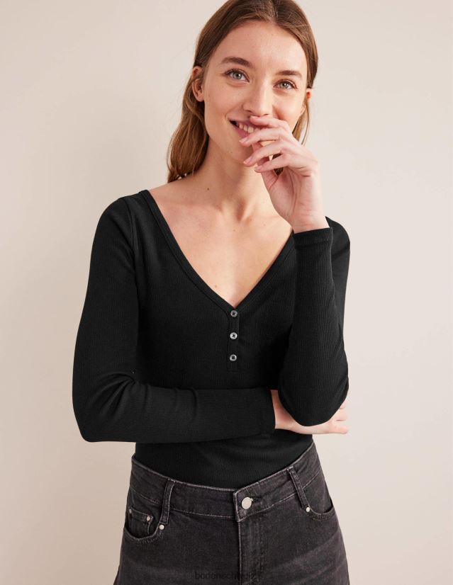 Boden Frauen Geripptes Henley-Oberteil VH86PT1827 Kleidung Schwarz