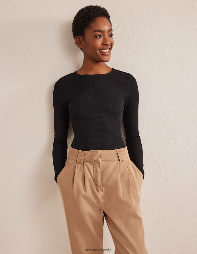 Boden Frauen Geripptes Langarmshirt aus Baumwolle VH86PT166 Kleidung Schwarz