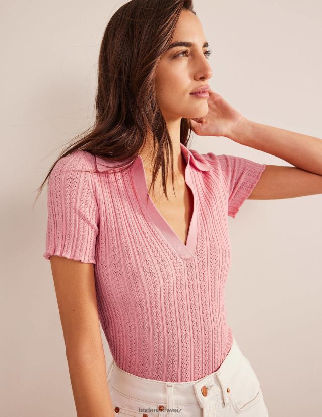 Boden Frauen Geripptes Oberteil mit Pointelle-Kragen VH86PT1095 Kleidung Dahlie rosa