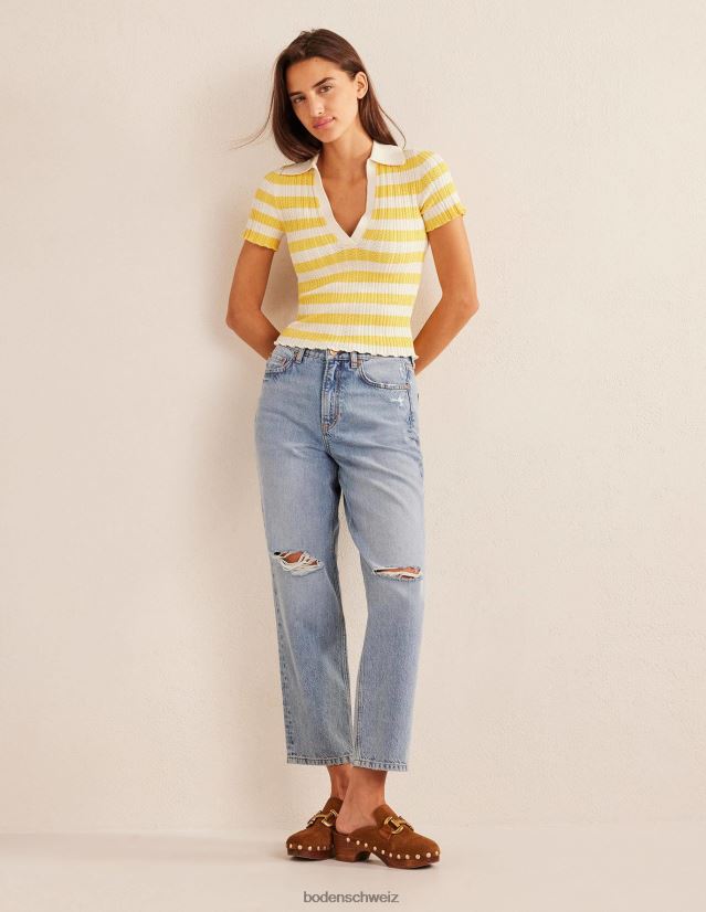 Boden Frauen Geripptes Oberteil mit Pointelle-Kragen VH86PT1339 Kleidung süße Wabe und elfenbeinfarbener Streifen