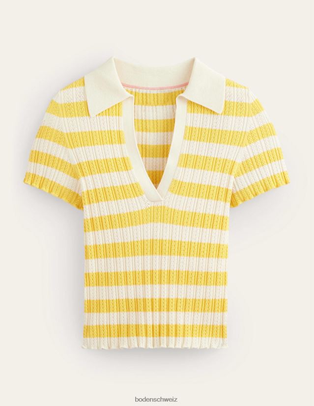 Boden Frauen Geripptes Oberteil mit Pointelle-Kragen VH86PT1339 Kleidung süße Wabe und elfenbeinfarbener Streifen