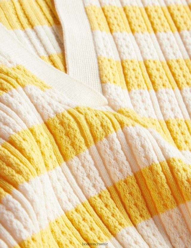 Boden Frauen Geripptes Oberteil mit Pointelle-Kragen VH86PT1339 Kleidung süße Wabe und elfenbeinfarbener Streifen