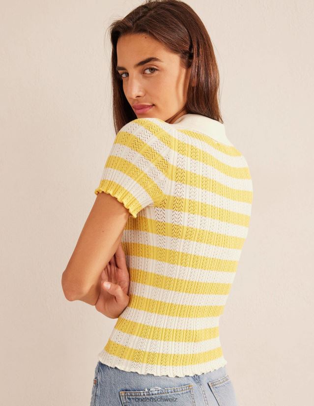 Boden Frauen Geripptes Oberteil mit Pointelle-Kragen VH86PT1339 Kleidung süße Wabe und elfenbeinfarbener Streifen