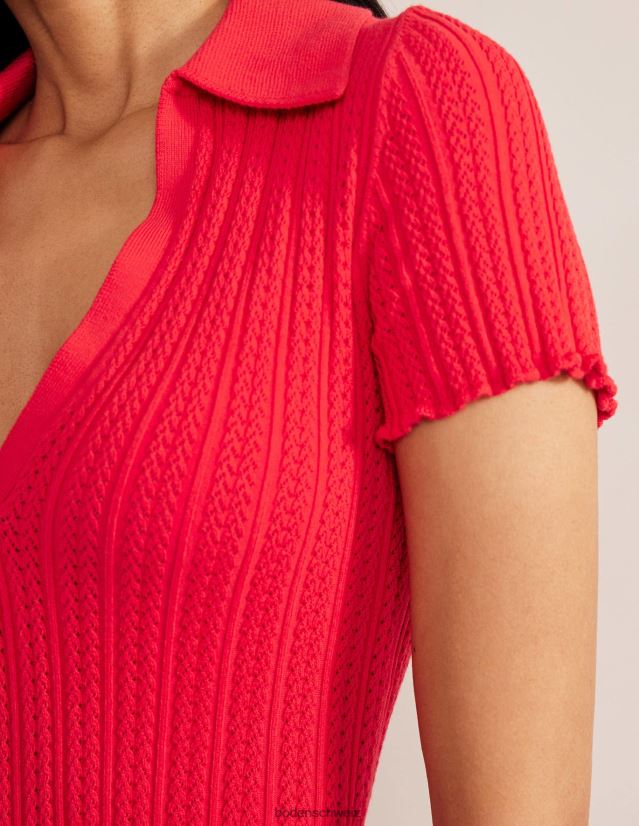 Boden Frauen Geripptes Oberteil mit Pointelle-Kragen VH86PT1930 Kleidung Erdbeertörtchen rot