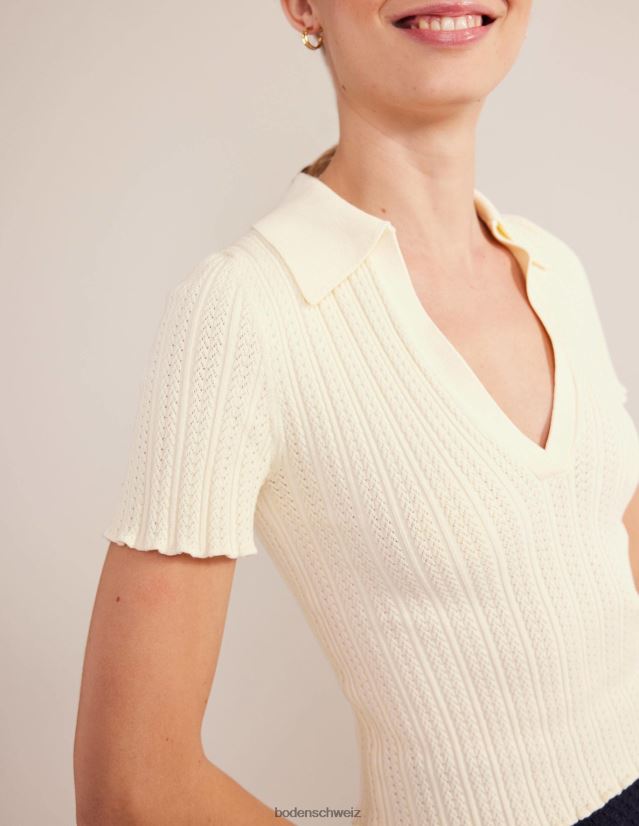 Boden Frauen Geripptes Oberteil mit Pointelle-Kragen VH86PT2109 Kleidung warmes Elfenbein