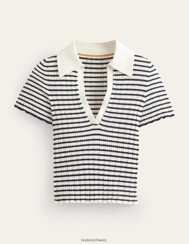 Boden Frauen Geripptes Oberteil mit Pointelle-Kragen VH86PT2221 Kleidung Elfenbein- und Marinestreifen