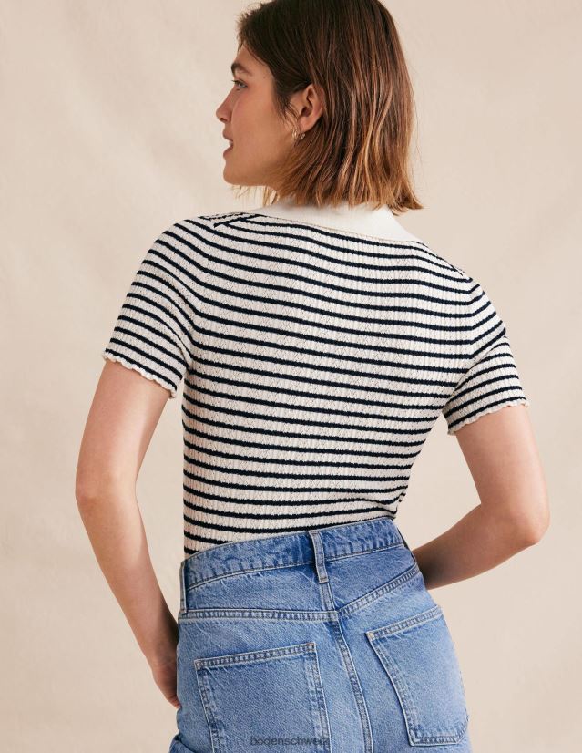 Boden Frauen Geripptes Oberteil mit Pointelle-Kragen VH86PT2221 Kleidung Elfenbein- und Marinestreifen