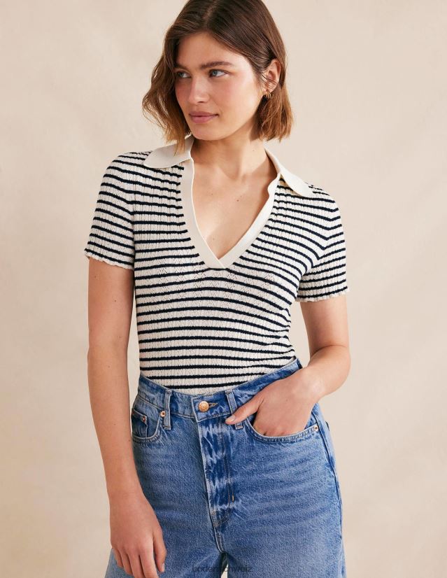 Boden Frauen Geripptes Oberteil mit Pointelle-Kragen VH86PT2221 Kleidung Elfenbein- und Marinestreifen