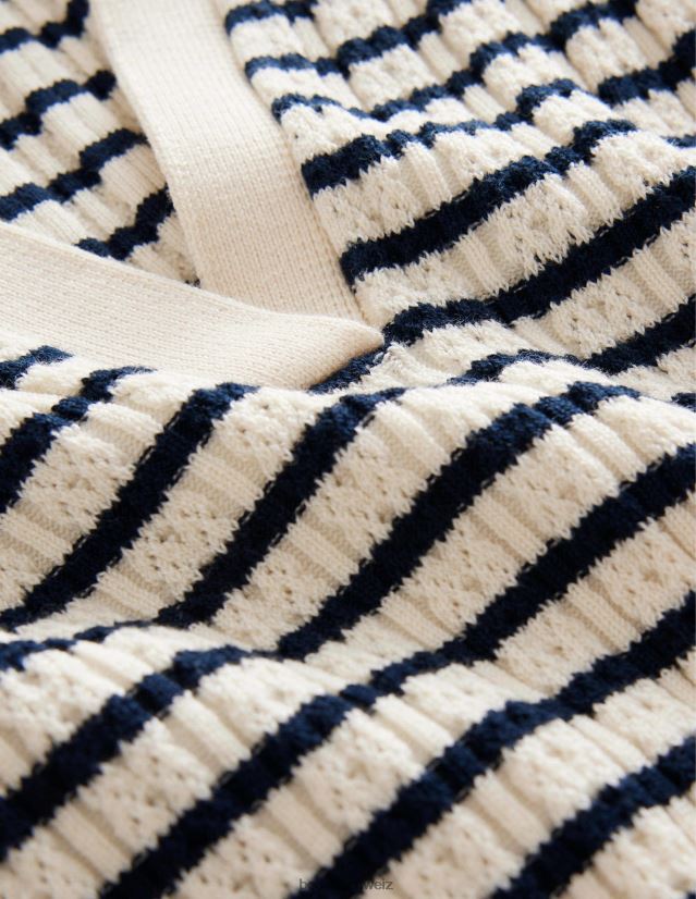 Boden Frauen Geripptes Oberteil mit Pointelle-Kragen VH86PT2221 Kleidung Elfenbein- und Marinestreifen