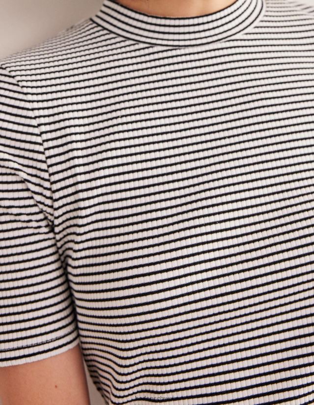 Boden Frauen Geripptes Oberteil mit hohem Halsausschnitt VH86PT1568 Kleidung Elfenbein/schwarzer Streifen