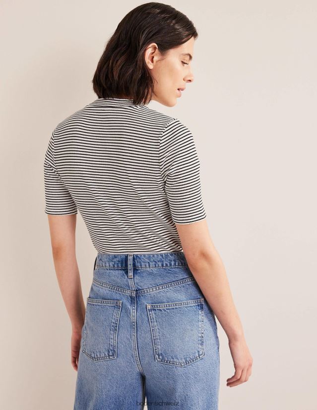 Boden Frauen Geripptes Oberteil mit hohem Halsausschnitt VH86PT1568 Kleidung Elfenbein/schwarzer Streifen