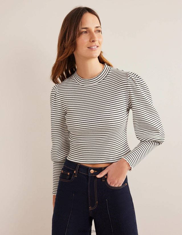 Boden Frauen Geripptes Oberteil mit Ärmeldetail VH86PT1493 Kleidung Elfenbein/Schwarz