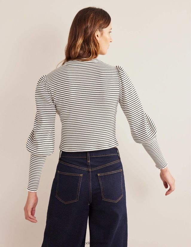 Boden Frauen Geripptes Oberteil mit Ärmeldetail VH86PT1493 Kleidung Elfenbein/Schwarz