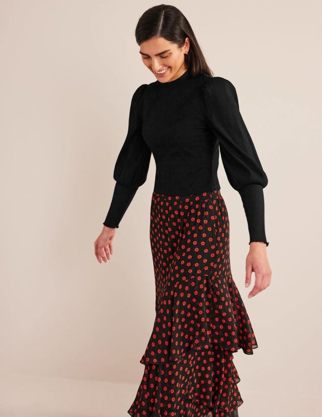 Boden Frauen Geripptes Oberteil mit Ärmeldetail VH86PT2591 Kleidung Schwarz