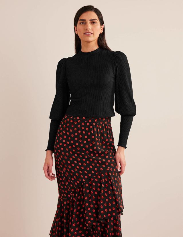 Boden Frauen Geripptes Oberteil mit Ärmeldetail VH86PT2591 Kleidung Schwarz