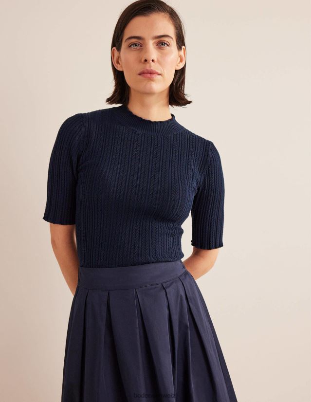 Boden Frauen Geripptes, hochgeschlossenes Pointelle-Top VH86PT1244 Kleidung Marine