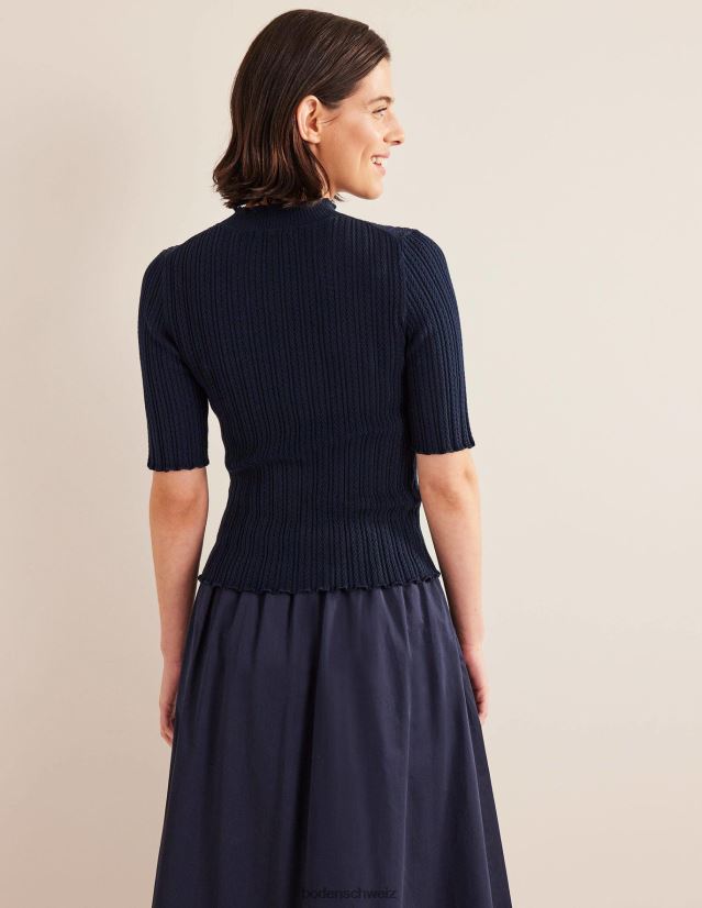 Boden Frauen Geripptes, hochgeschlossenes Pointelle-Top VH86PT1244 Kleidung Marine