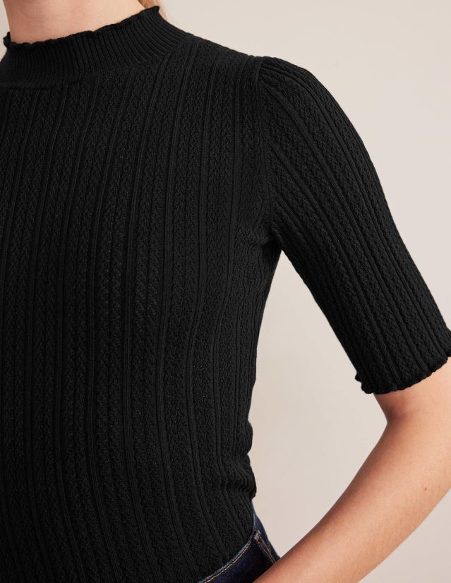 Boden Frauen Geripptes, hochgeschlossenes Pointelle-Top VH86PT1474 Kleidung Schwarz